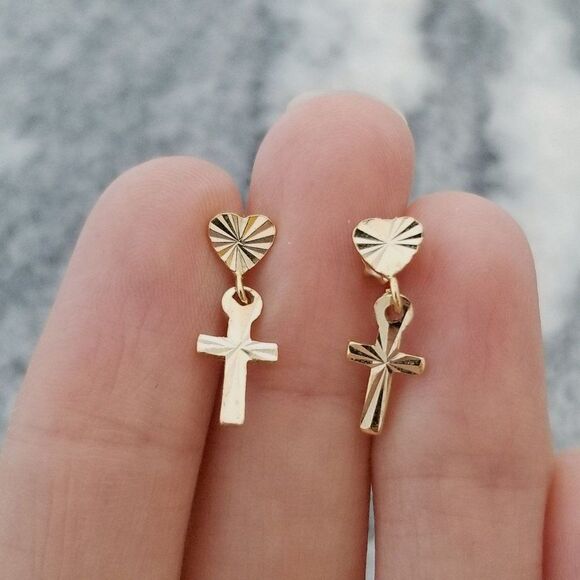 Vintage Gold Tone Tiny Cross Post Earrings, Dangle Charms, Lightweight, Unsigned - Picture 1 of 6